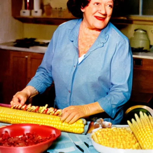 Image similar to color photo of julia child cooking show making corn dogs