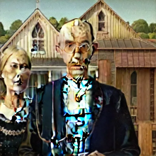 Prompt: american gothic painting with the devil