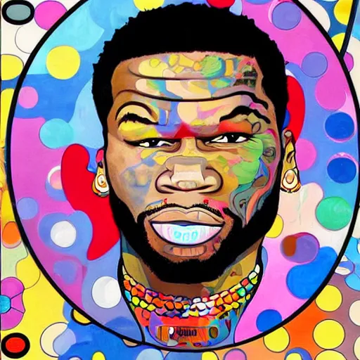 Image similar to a painting of 50 cent by Takashi Murakami