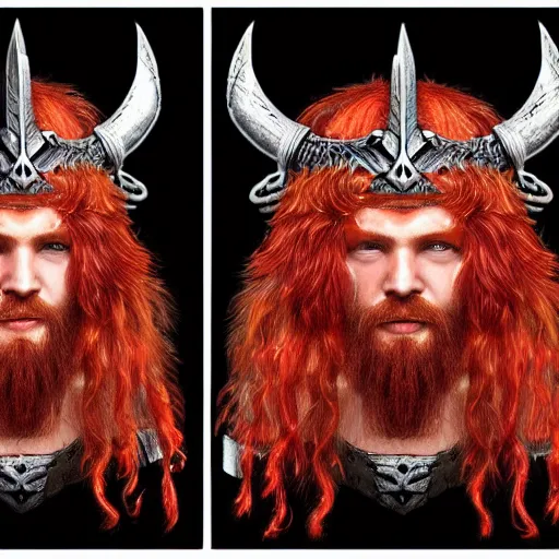 Image similar to of valhalla viking headgear with flaming red hair, fine detail, texture, extreme detailed drawing, trending on artstation, hyperreal