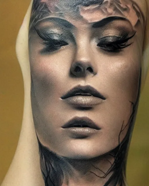 Image similar to tattoo design sketch of a beautiful woman face blended with a faded background of beautiful mountains and nature on her side, hyper - realistic, in the style of den yakovlev, amazing detail, black and white