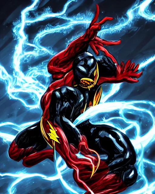 Image similar to venom as the flash, dynamic lighting, fantasy concept art, trending on art station, stunning visuals, creative, cinematic, ultra detailed, terrifying, black lightning, comic strip style