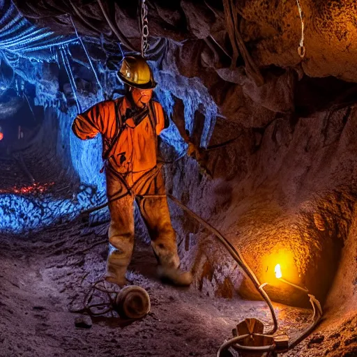 Prompt: a miner in the depths of a mineshaft mining a giant crystalline ore, the mineshaft is lit by hanging lanterns, the mine is dark, highly detailed, extremely high quality, hd, 4 k, 8 k, professional photographer, 4 0 mp, lifelike, top - rated, award winning, realistic, detailed lighting, detailed shadows, sharp, no blur, edited