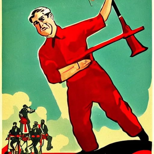 Image similar to soviet propaganda of robert mueller holding a hammer and sickle in realistic collective farm