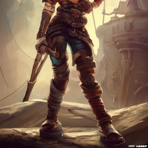 Prompt: full body portrait of a scrappy female gnome engineer with pixie undercut hair and one prosthetic metal gauntlet arm, standing on a ship deck, naval background, fantasy, D&D, full body portrait, highly detailed, digital painting, HD, trending on ArtStation, dark fantasy, great composition, concept art, matte, sharp focus, illustration, art by artgerm and greg rutkowski