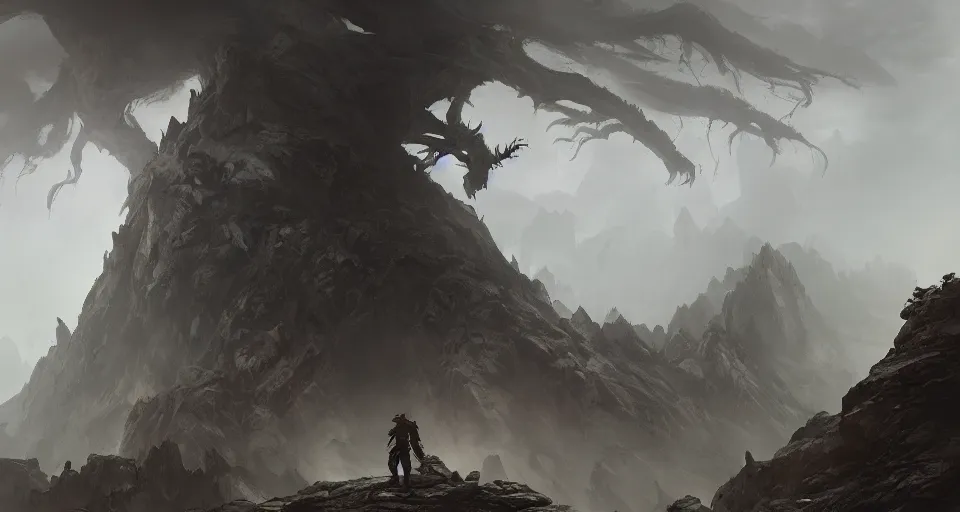 Image similar to a giant monster with many limbs crawling across a misty mountainous landscape, dramatic lighting, illustration by francois baranger, greg rutkowski, yoji shinkawa, 4 k, digital art, concept art, trending on artstation