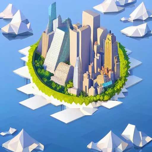 Image similar to floating island with new york city in the sky, low poly, isometric art, 3d art, high detail, artstation, concept art, behance, ray tracing, smooth, sharp focus, ethereal lighting