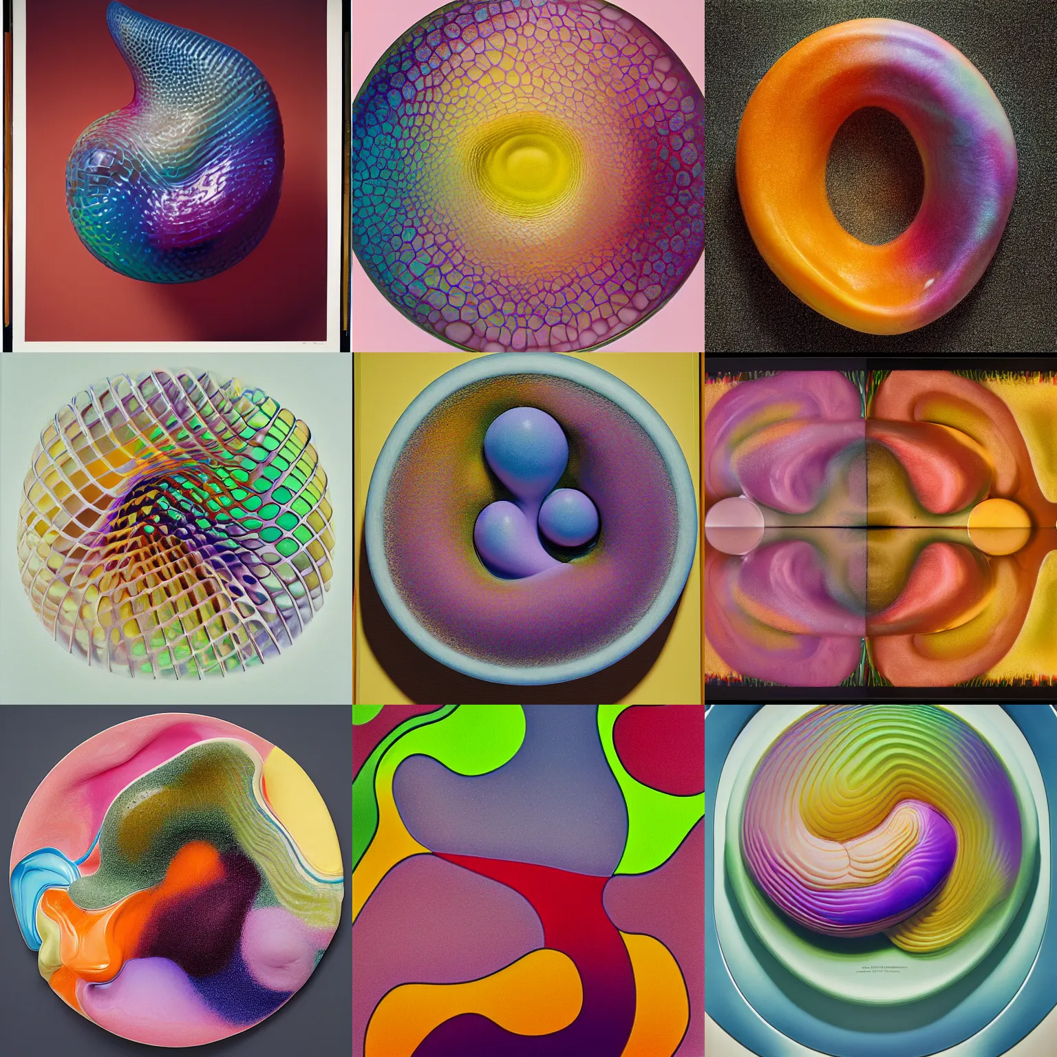 Prompt: one round biomorphic form with gradient pastel colors, by chuck close and thomas moran, professional food photography