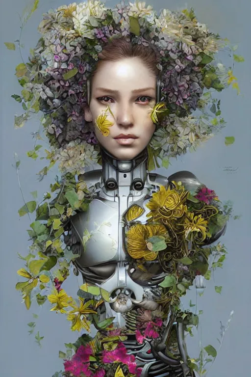 Prompt: a beautiful fine art portrait photo of a robot female cyborg, spread out curly hair covered by hibiscus, daffodils, hydrangea, montsera leaves by tom bagshaw and zach sutton, very detailed, bionic, cybernetic scifi, artstation, 8 k