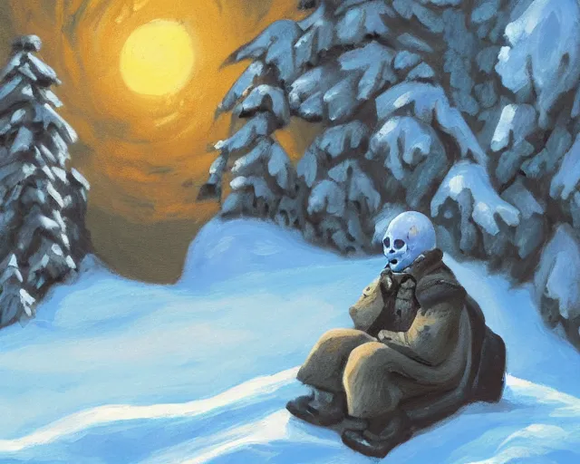 Image similar to oil painting of sans sitting in a mountain during winter