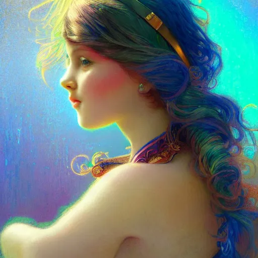 Prompt: an intelligent beautiful young girl with rainbow hair looking at the camera, she has a cute face, intricate, elegant, highly detailed, digital painting, artstation, concept art, smooth, sharp focus, illustration, art by gaston bussiere and alphone mucha 3 d 8 k ultra detailed