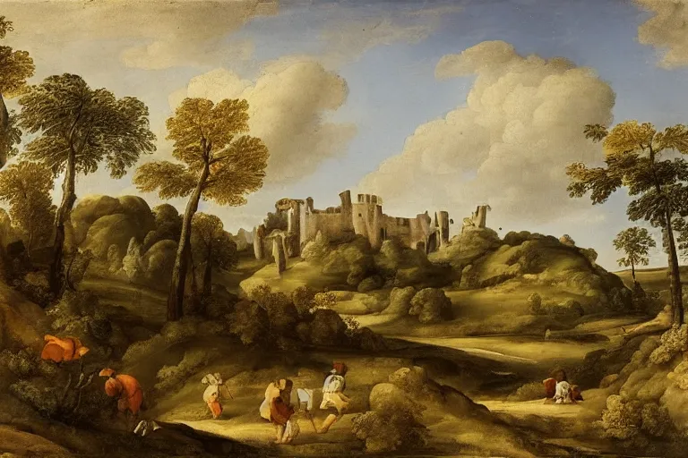 Prompt: pastoral landscape with ruined castle in the background by claud lorrain, french 1 6 0 0 - 1 6 8 2