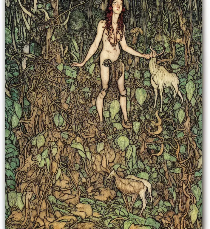 Prompt: person in the forest with a goat and a robot by Ivan Bilibin, Austin Osman Spare, Arthur Rackham, Vania Zouravliov, Norman Rockwell, high quality, ultra detailed