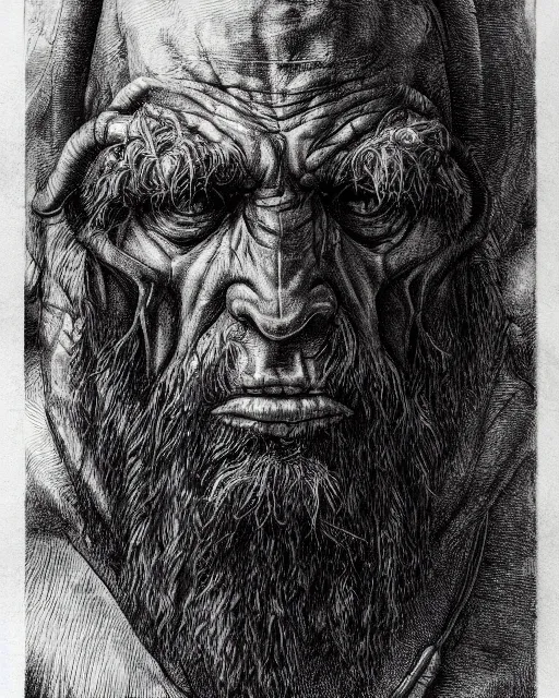 Image similar to orc, hyper realism, fine details, deviantart artstation, extremely detailed, black and white, very sharp, in the style of albrecht durer, etching,