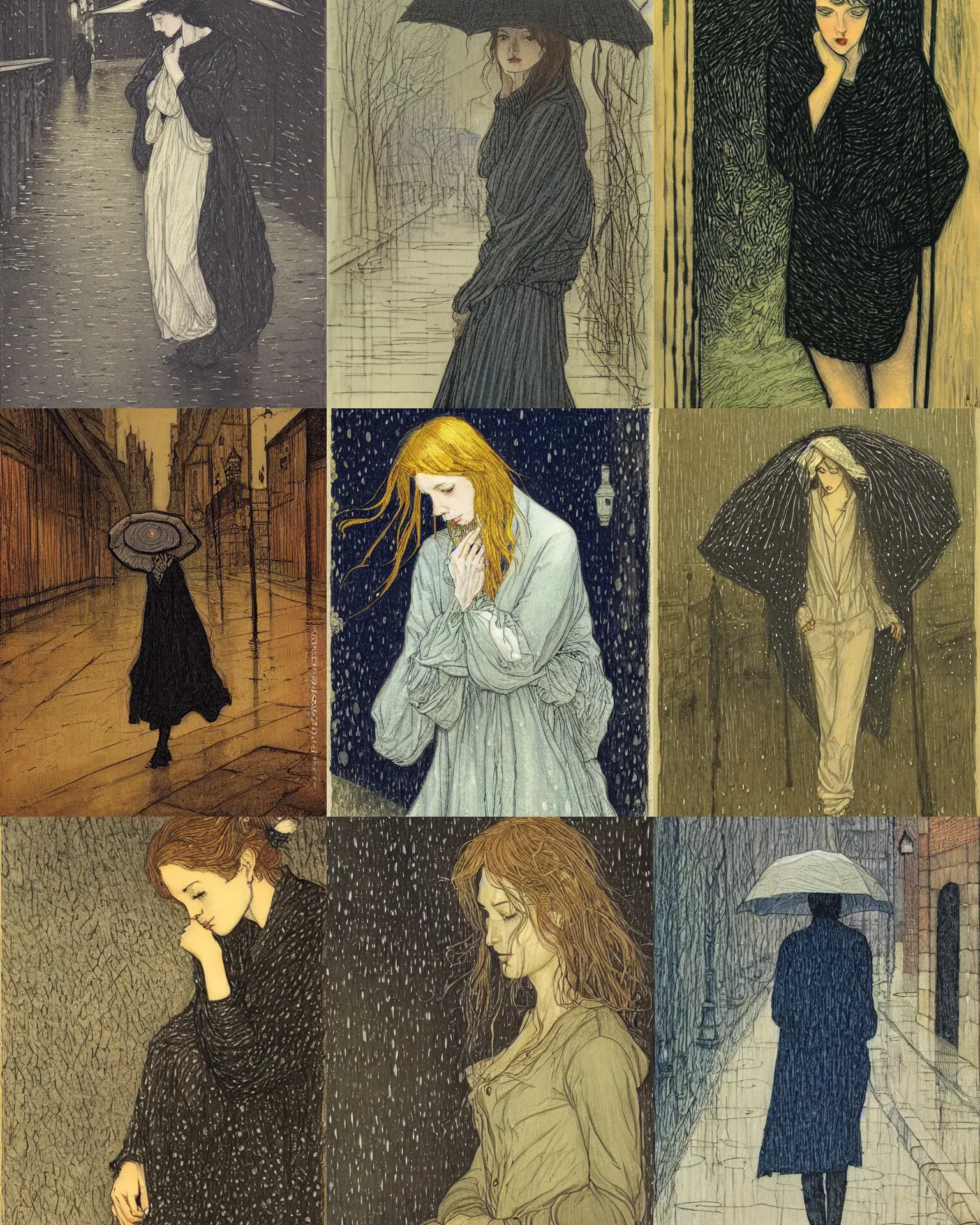 Prompt: portrait of a sad person by rebecca guay, rain, street at night, melancholy