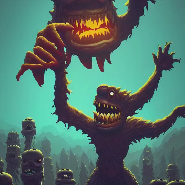 Prompt: happy monster waving, sticker, close up, wlop, dan mumford, artgerm, liam brazier, peter mohrbacher, 8 k, raw, featured in artstation, octane render, cinematic, elegant, intricate