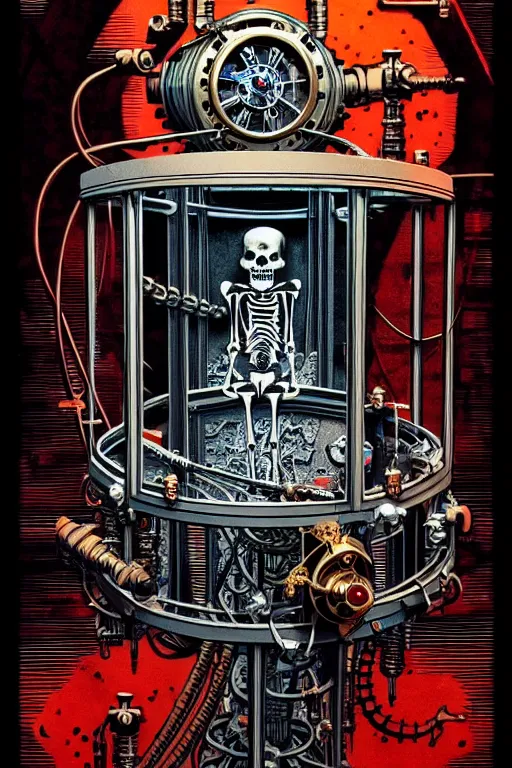 Prompt: steampunk cryo chamber containing a skeleton, high details, intricately detailed, by vincent di fate, inking, 3 color screen print, masterpiece, trending on artstation,, sharp, details, hyper - detailed, hd, 4 k, 8 k