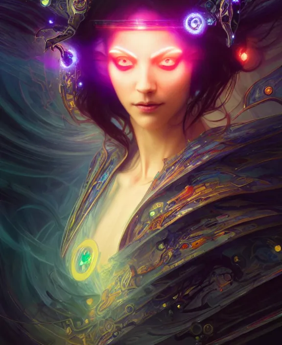 Image similar to a whirlwind of souls rushing inside the metaverse, half body, glowin eyes, tiara with sapphire, pharaoh, android, cyberpunk, d & d, fantasy, intricate, elegant, highly detailed, colorful, vivid color, digital painting, artstation, concept art, art by artgerm and greg rutkowski and alphonse mucha and ruan jia