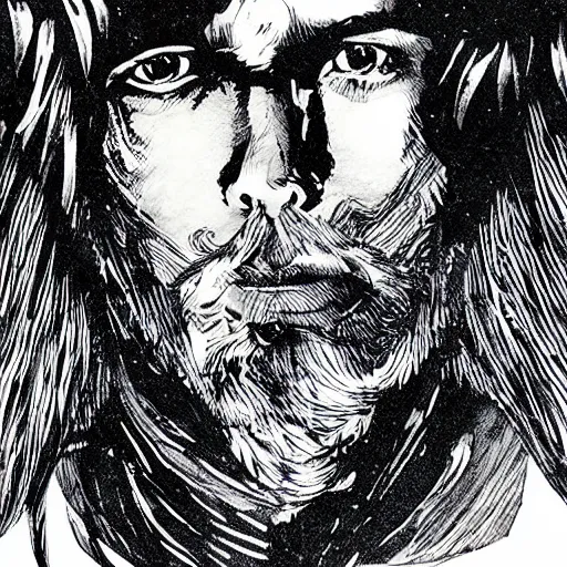 Prompt: pen and ink!!!! attractive 22 year old deus ex George Harrison x Ryan Gosling golden!!!! Vagabond!!!! floating magic swordsman!!!! glides through a beautiful!!!!!!! battlefield magic the gathering dramatic esoteric!!!!!! pen and ink!!!!! illustrated in high detail!!!!!!!! by Moebius and Hiroya Oku!!!!!!!!! graphic novel published on Cartoon Network MTG!!! 2049 award winning!!!! full body portrait!!!!! action exposition manga panel
