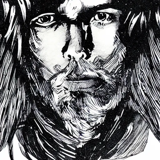 Image similar to pen and ink!!!! attractive 22 year old deus ex George Harrison x Ryan Gosling golden!!!! Vagabond!!!! floating magic swordsman!!!! glides through a beautiful!!!!!!! battlefield magic the gathering dramatic esoteric!!!!!! pen and ink!!!!! illustrated in high detail!!!!!!!! by Moebius and Hiroya Oku!!!!!!!!! graphic novel published on Cartoon Network MTG!!! 2049 award winning!!!! full body portrait!!!!! action exposition manga panel