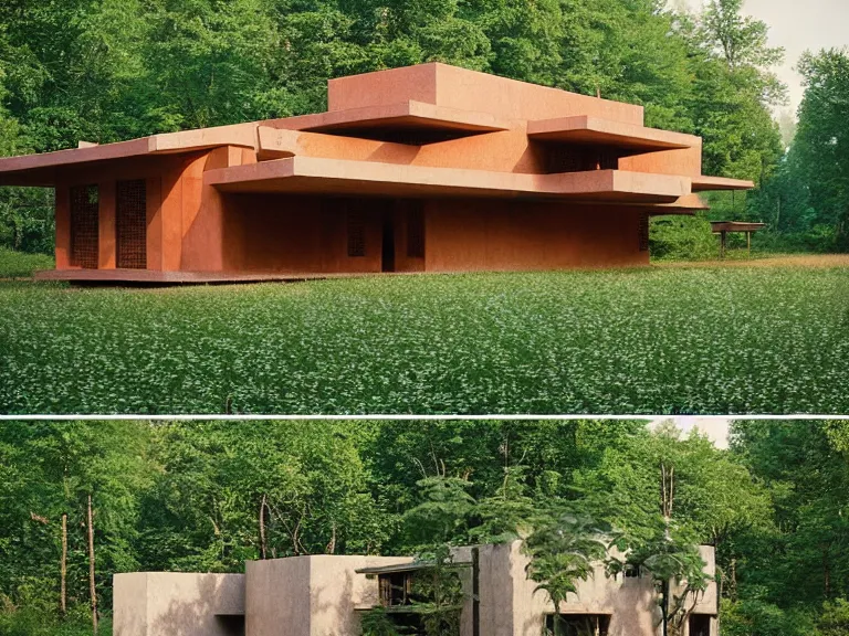 Image similar to hyperrealism design by frank lloyd wright and kenzo tange photography of beautiful detailed small house with many details around the forest in small detailed ukrainian village depicted by taras shevchenko and wes anderson and caravaggio, wheat field behind the house, volumetric natural light