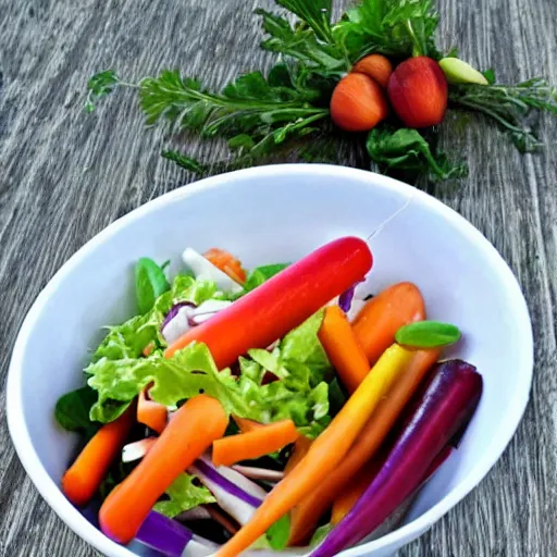 Prompt: a coleau salad with rainbow carrots