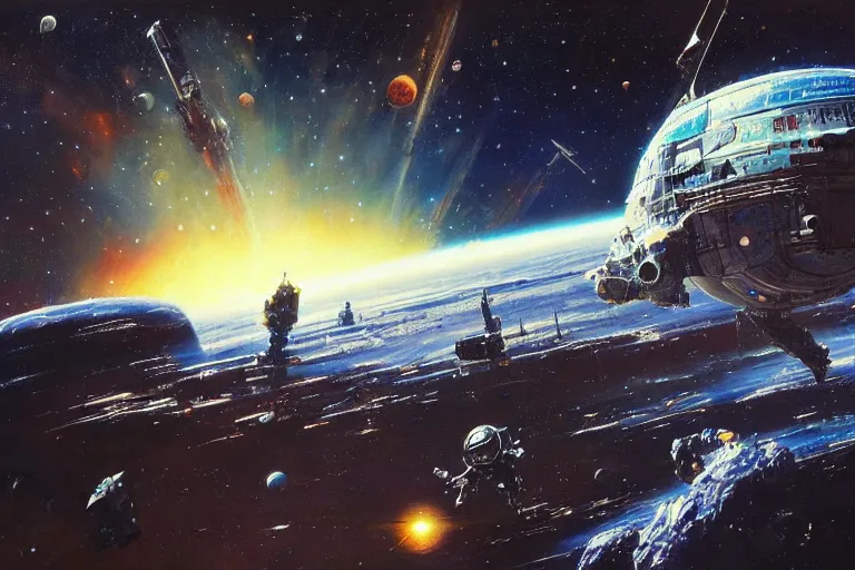 Image similar to a beautiful space scene with a spaceship and a dark, plain, simple starry background, art by alan bean and john berkey trending on artstation, highly detailed oil painting, hyperrealistic, cinematic, dramatic lighting, sharp color palette