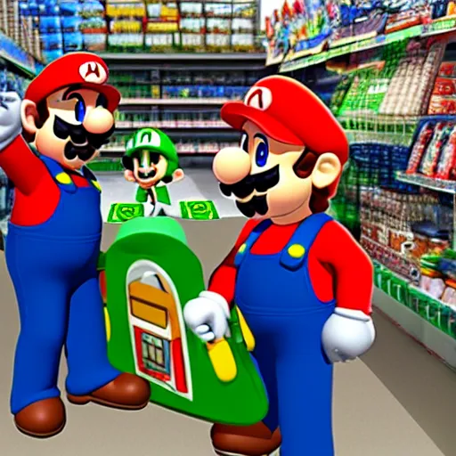 Prompt: a picture of mario bros mario bros and luigi shopping at walmart