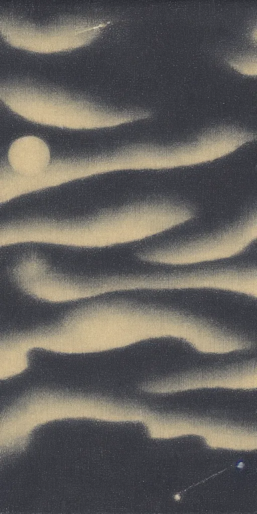 Prompt: painting of the night sky by kitano tsunetomi, 1 9 3 9, monochromatic