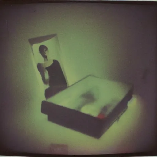 Image similar to coloured atmospheric polaroid photo of a with transparent ghostly banshee corpse body floating in old living room interior flashlight lighting