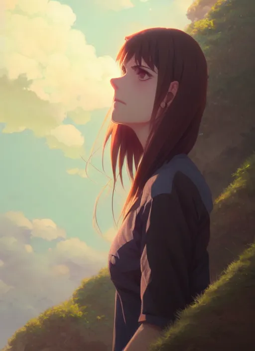 Image similar to portrait of alexandra daddario, cloudy sky background lush landscape illustration concept art anime key visual trending pixiv fanbox by wlop and greg rutkowski and makoto shinkai and studio ghibli