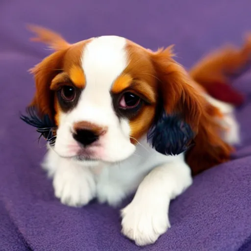 Prompt: a cavalier King Charles puppy with a blueberry on its nose