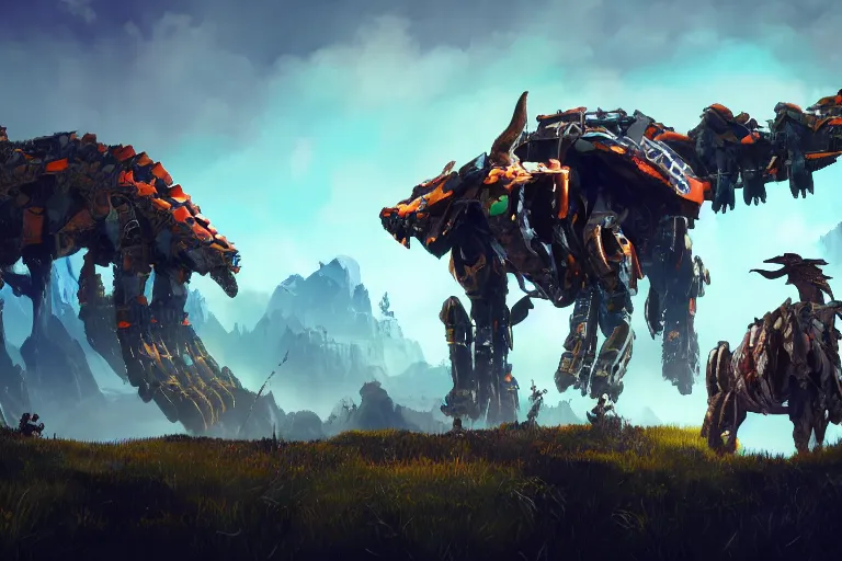 Image similar to grimhorn fanghorn machine mecha animal beast robot of horizon forbidden west horizon zero dawn bioluminiscence global illumination ray tracing hdr fanart arstation by sung choi and eric pfeiffer and gabriel garza and casper konefal