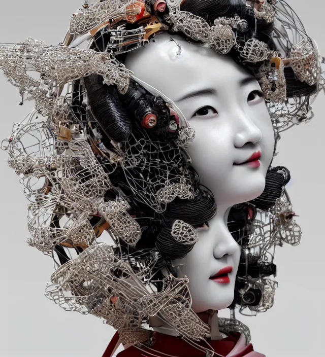 Image similar to portrait of a beautiful japanese robotic geisha with wires and actuators, porcelain white face, dramatic lighting, hyper - realistic, ultra - realistic, intricate details, japanese model, 8 k ultra high definition, octane render