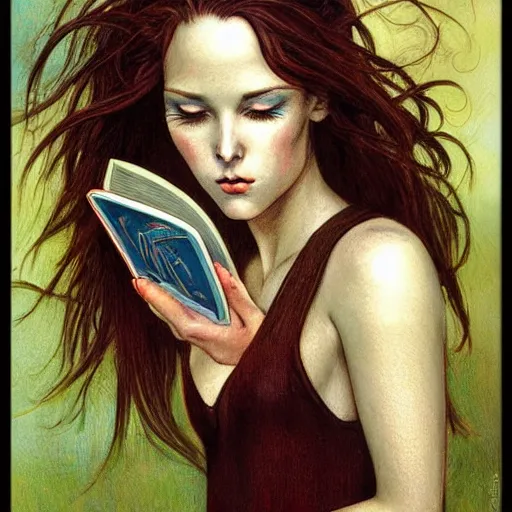 Prompt: a girl reading book, hair flowing down, by Gerald Brom