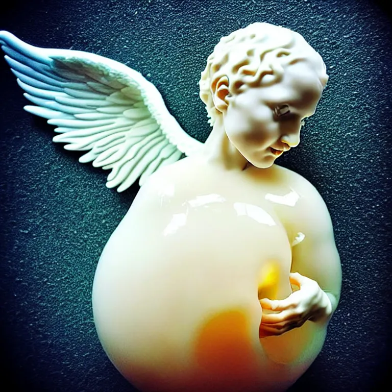 Prompt: a perfect photograph of an angel coated in liquid porcelain into the shape of a mycopian eldritch sphere.