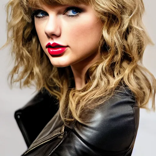 Prompt: taylor swift in a leather jacket, head and shoulders portrait, extremely detailed masterpiece, one single continues line.