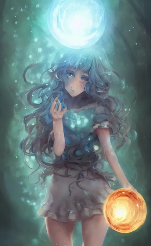 Image similar to anime girl with curly hair holding a magical orb, WLOP, concept art, digital painting, trending on artstation, highly detailed, epic composition, 8k UHD