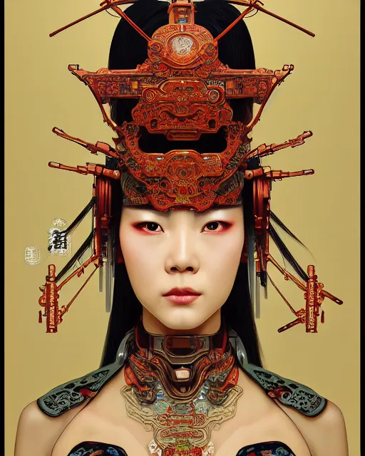 Image similar to portrait of a cyberpunk machine, machine face, upper half portrait, decorated with chinese opera motifs, asian, fine china, wuxia, traditional chinese art, intricate, elegant, highly detailed, symmetry, headpiece, digital painting, artstation concept art smooth sharp focus, illustration, art by artgerm and greg rutkowski alphonse mucha 8 k