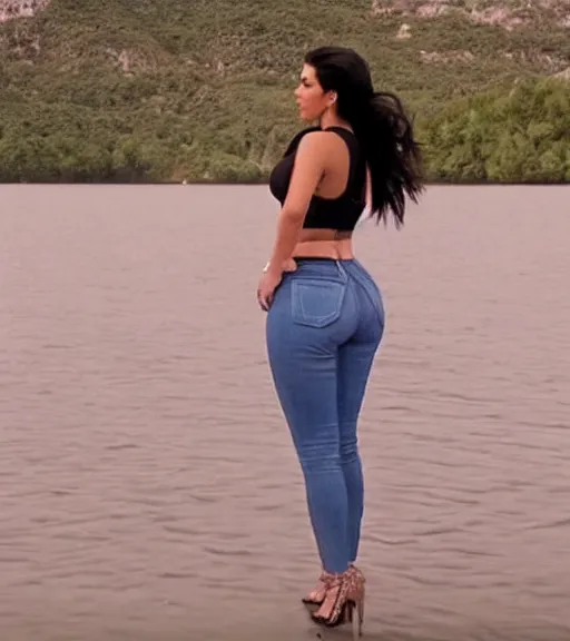 Image similar to rear waist shot film still of kim kardashian wearing high waist jeans, standing by a lake, intricate, elegant, highly detailed, smooth, sharp focus.