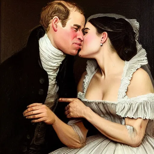 Prompt: A hyperdetailed portrait of Kate Middleton and Meghan Markle French kissing with lots of spit and drool. Black oil bath. 1790s. In the style of Norman Rockwell and Boris Vallejo.