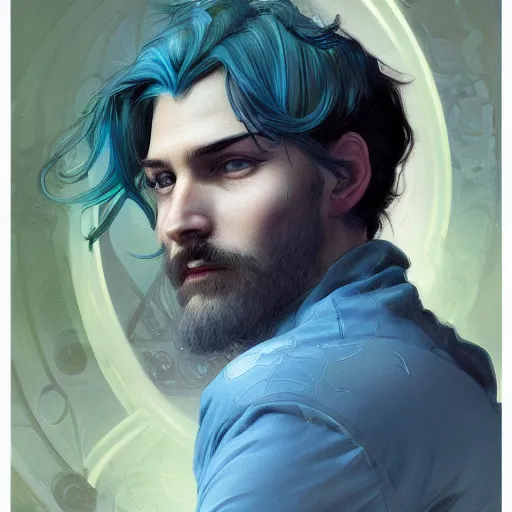 Image similar to Portrait of adult boy, blue hair flowing, green eyes, intricate, elegant, highly detailed, digital painting, artstation, concept art, smooth, sharp focus, illustration, art by artgerm and greg rutkowski and alphonse mucha