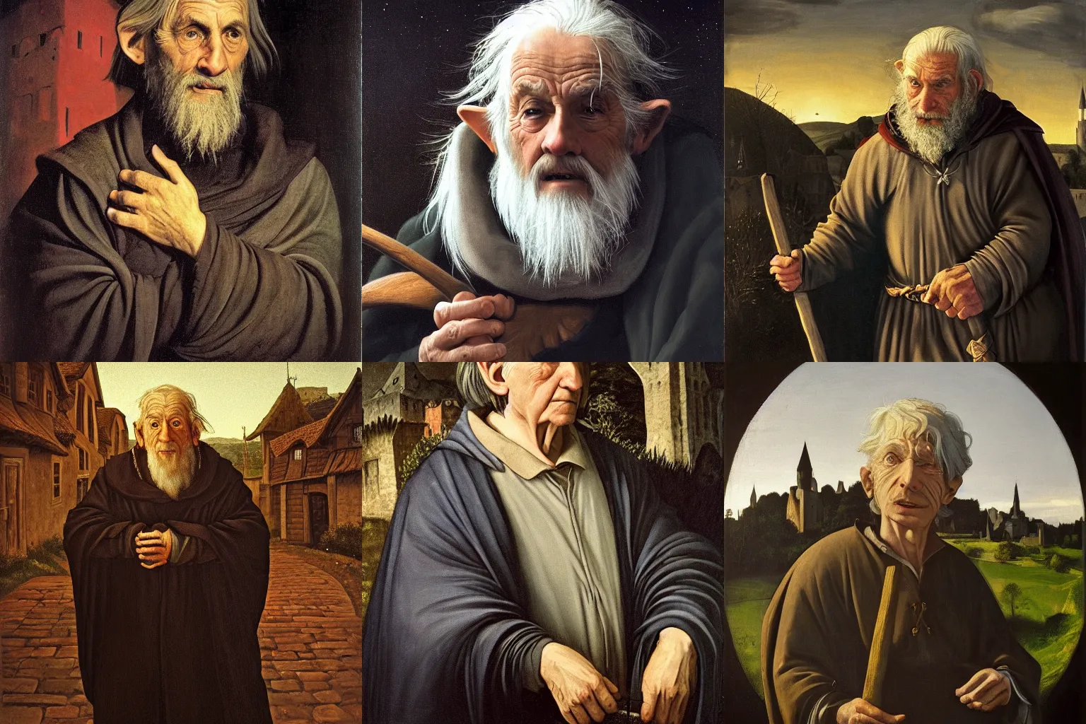 Prompt: Portrait of an eldery hobbit with grey hair combed back, wearing a cloak, a night time medieval town in the background, 4k oil on linen by caravaggio, highly detailed, dramatic lighting 8k resolution