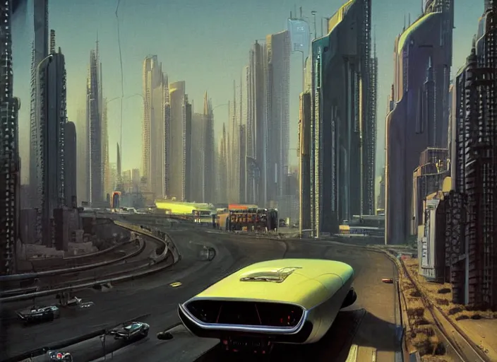 Image similar to a car driving down a street next to tall buildings the night at mignight, cyberpunk art by Chesley Bonestell, cgsociety, retrofuturism, matte painting, reimagined by industrial light and magic