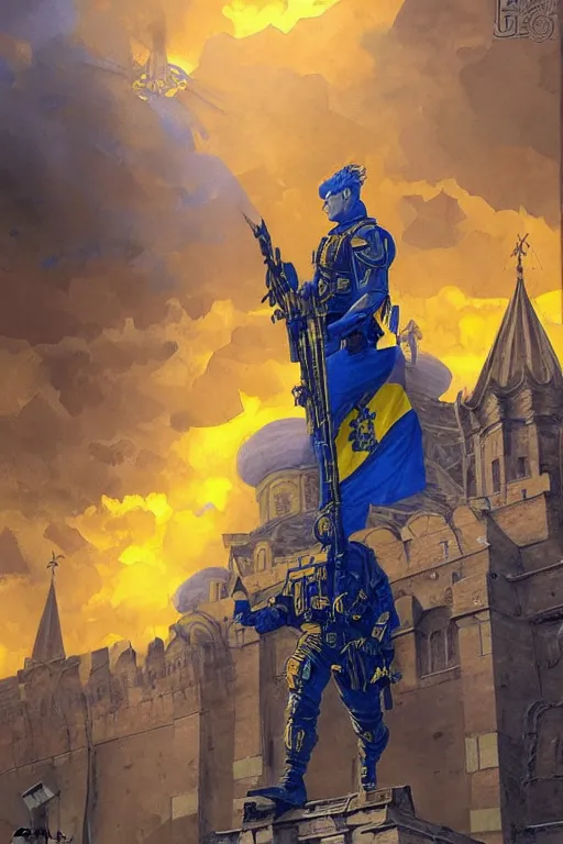 Image similar to special forces soldier installin ukrainian blue and yellow flag on red square kremlin, masculine figure, d & d, fantasy, bright atmosphere, volumetric lights, intricate, elegant, extremely detailed, digital painting, artstation, concept art, matte, smooth, sharp focus, hyper realistic, illustration, art by artgerm and greg rutkowski and alphonse mucha