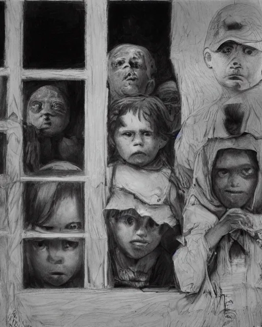 Image similar to group of creep children staring out, black and white character portrait, ultra realistic, concept art, intricate details, war, cinematic, highly detailed by grant wood