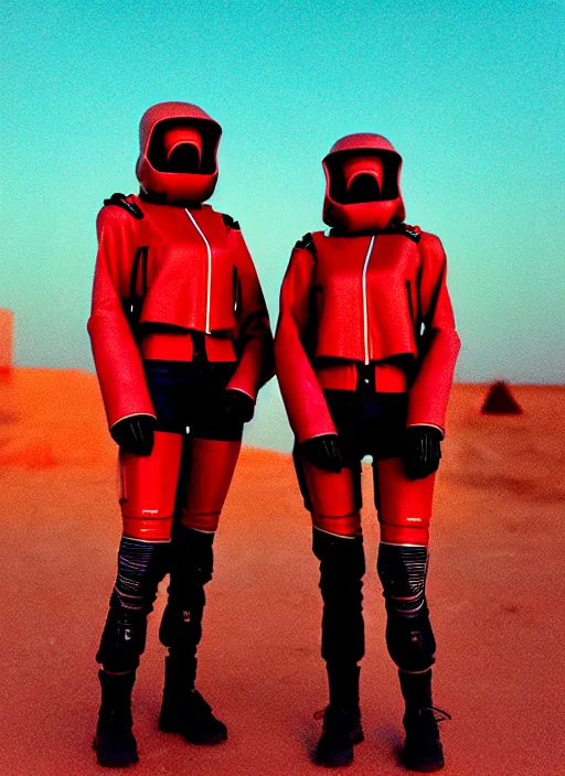 Prompt: photographic portrait shot on cinestill 5 0 d of two loving clones, techwear women on a desolate plain with a red sky, diverse, in front of a brutalist dark metal facility, dust storm, 3 5 mm, 8 k, depth of field, high resolution, ultra realistic faces