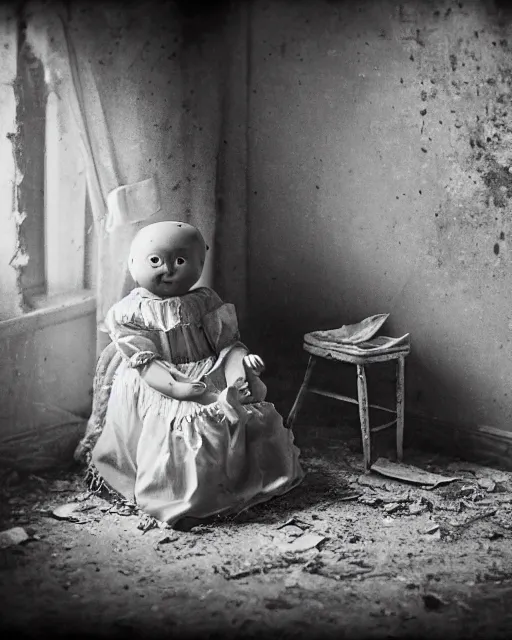 Image similar to portrait of a creepy smiling antique porcelain doll with white eyes wearing a dirty dress with long wet black hair sitting in a rocking chair next to a child’s bed in a dimly lit filthy room in an abandoned old asylum at night, 8k octane render, cinematic, dramatic lighting, volumetric lighting, Craig Mullins, vintage photo, 1890