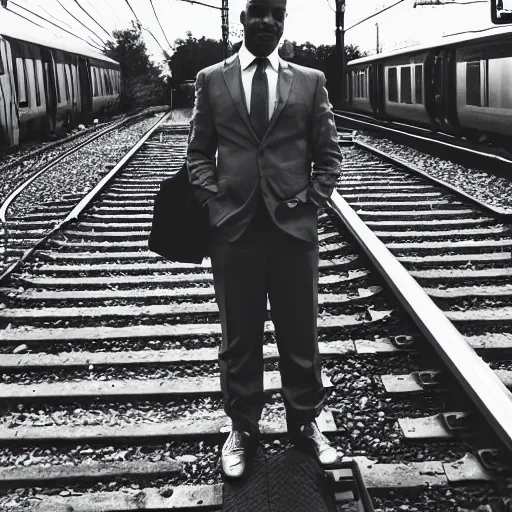 Prompt: a man in a suit waiting at a train station with a view of outer space on the other side of the tracks, award-winning photograph