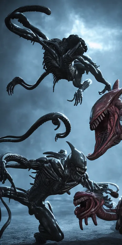 Image similar to baby predator vs baby xenomorph, 3 d rendered, 3 d rendering, dramatic lighting, unreal engine